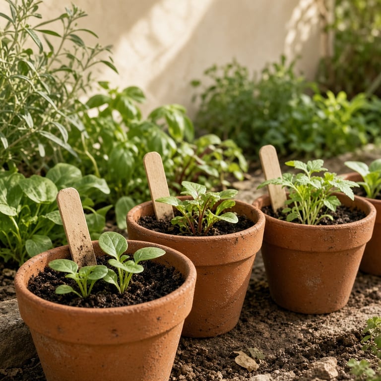 A sunny Australian home garden with vegetable seedlings arranged in raised beds beside a kitchen door