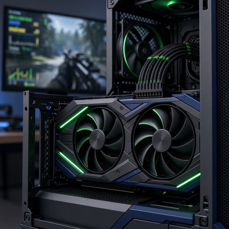 Installed graphics card with airflow and power connections in a gaming PC