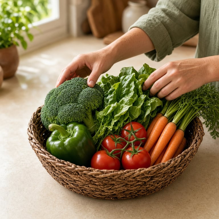 A colourful basket of leafy greens, carrots, broccoli, capsicum and tomatoes on a warm kitchen bench