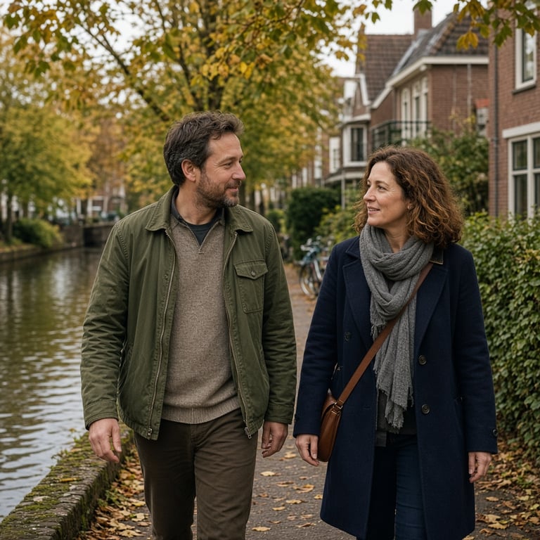 Twee mensen maken een rustige wandeling langs het water en praten samen