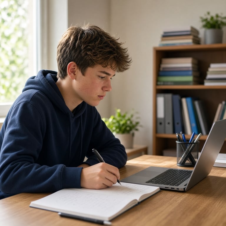 Scholier maakt een oefentoets aan een bureau met boeken en laptop in een Nederlandse studeerkamer