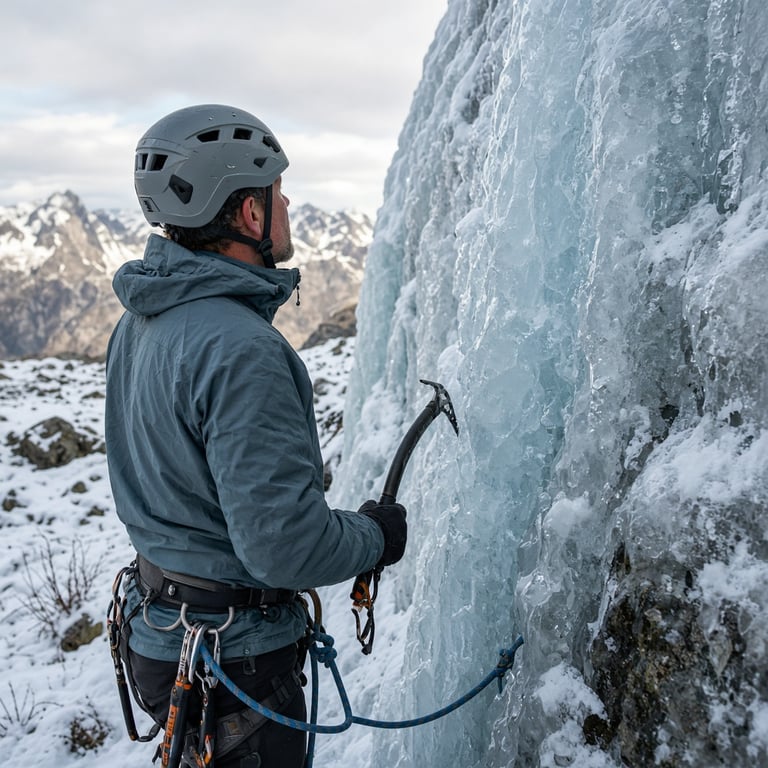Klatrer som vurderer en frossen isvegg i vinterfjellet