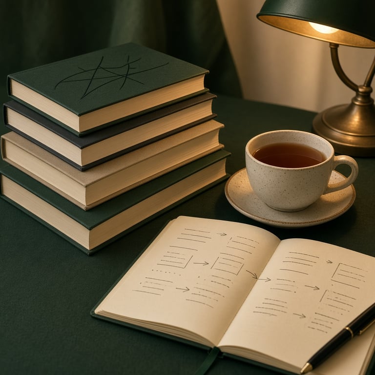 Een stapel psychologische thrillers van Freida McFadden naast een leeslamp en notitieboek