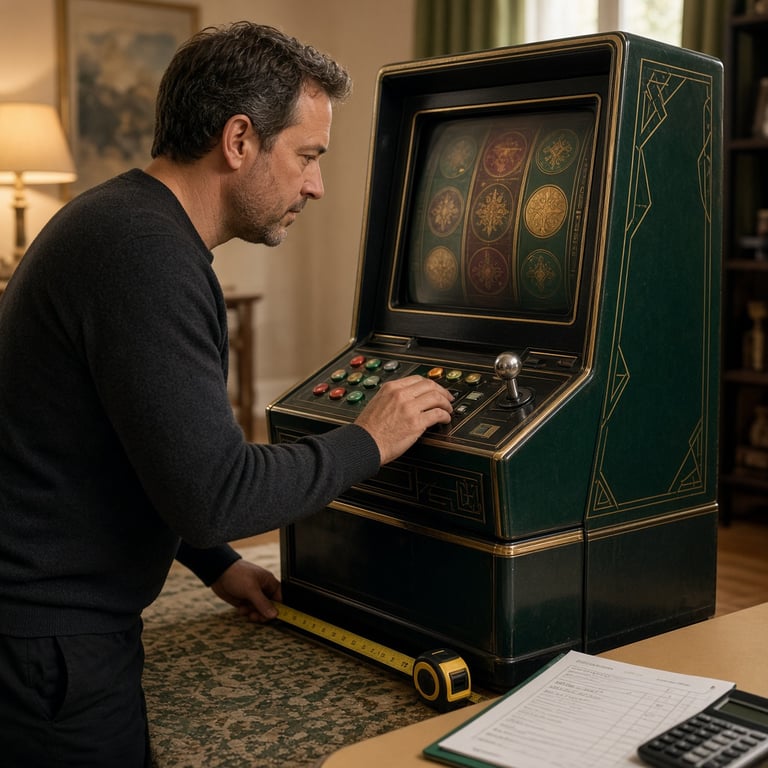 Buyer inspecting a pokie machine cabinet with a measuring tape, checklist and calculator in a well-lit games room