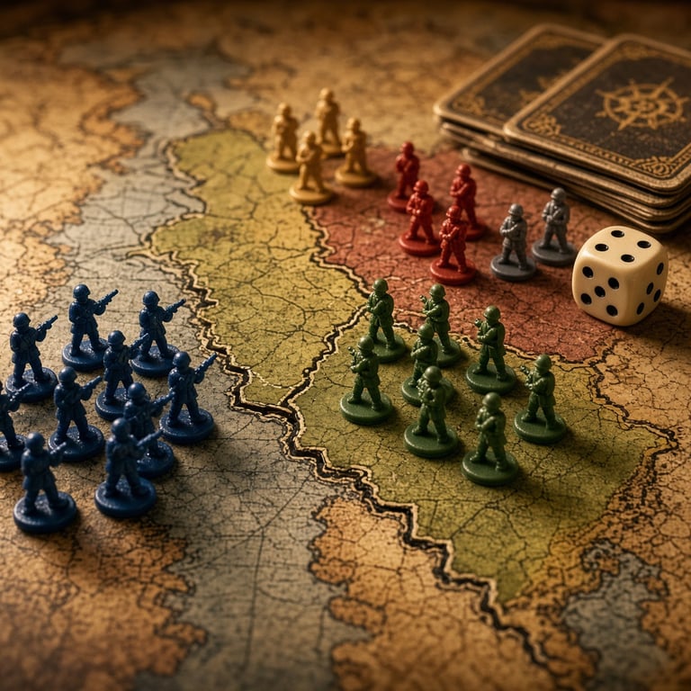 Close-up van Risk-speelstukken rond een grensgebied op de spelkaart