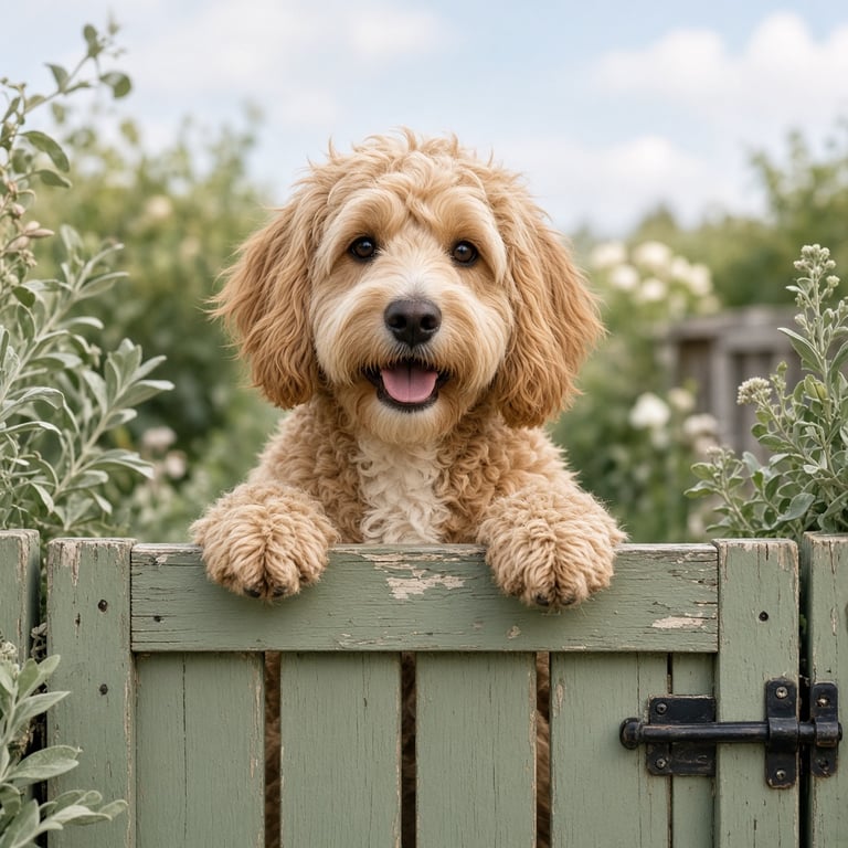 A friendly doodle looking over a garden gate