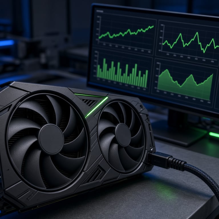 A modern desktop graphics card beside a monitor showing benchmark charts in a dark testing lab