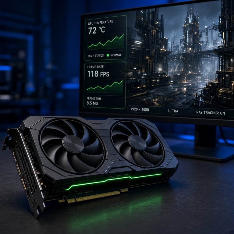 A desktop graphics card beside a monitor showing a GPU benchmark scene and result chart