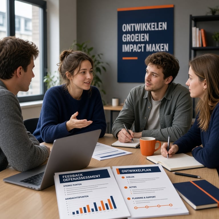 Studiegroep die feedback en een persoonlijk ontwikkelplan bespreekt tijdens een oefenassessment