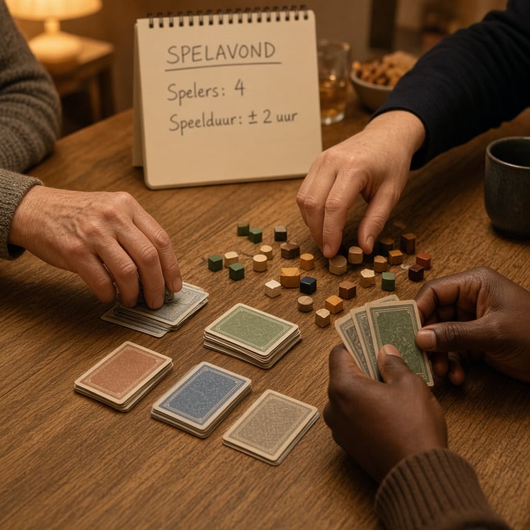 Een warm spelmoment met verschillende bordspellen en spelmateriaal op tafel