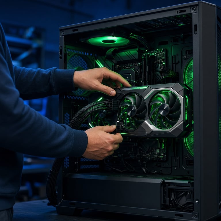 PC builder checking GPU clearance and power connections before buying a high-end Nvidia card