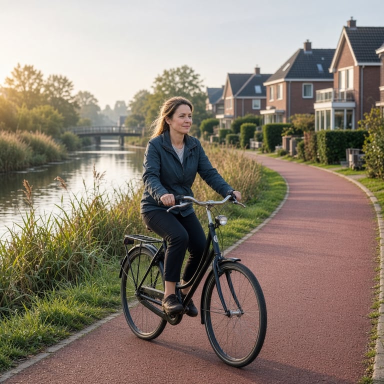 Volwassen vrouw fietst over een Nederlands fietspad langs groen en water