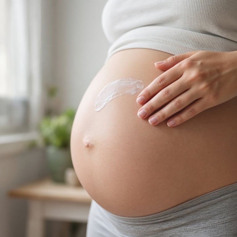 Gravid kvinne som forsiktig påfører fuktighetskrem på magen hjemme
