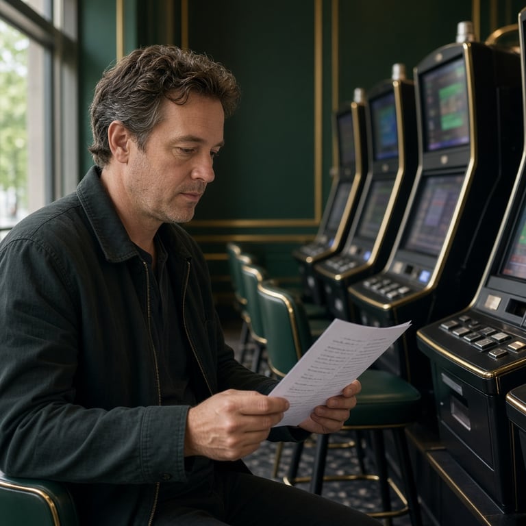 An Australian player checking a session budget beside a quiet casino pokie bank during daylight