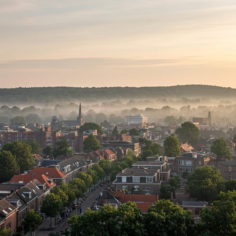 Ochtendlicht boven Apeldoorn aan de rand van de Veluwe