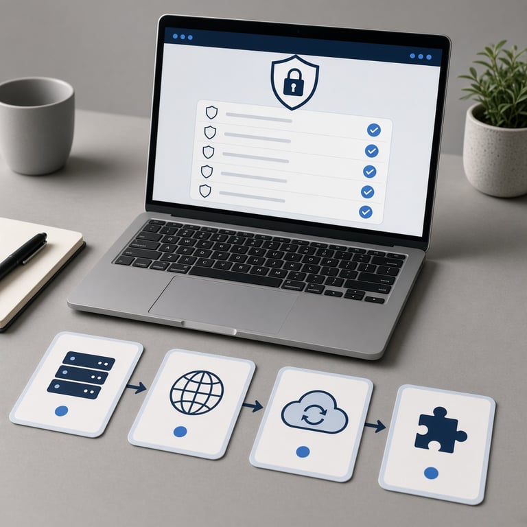 Website launch checklist covering hosting, domain, backups, and extensions