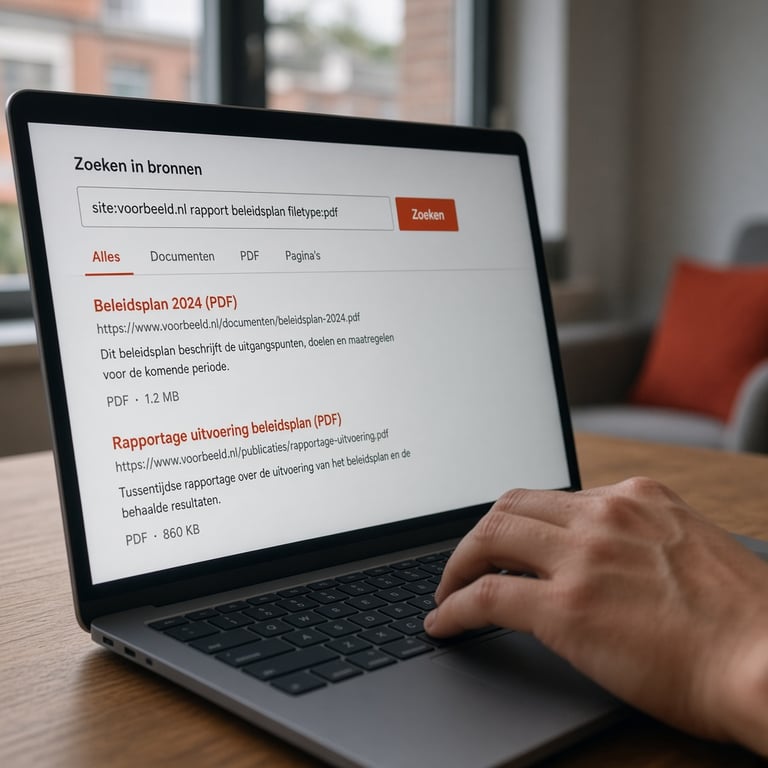 Laptop met Nederlandse Google-zoekopdracht en zoekoperatoren op een thuiswerkplek