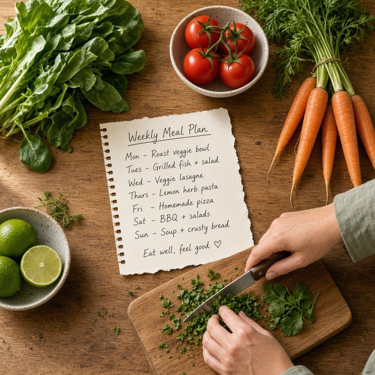 Hands preparing a colourful delivery of seasonal vegetables beside a simple weekly meal plan in an Australian home kitchen
