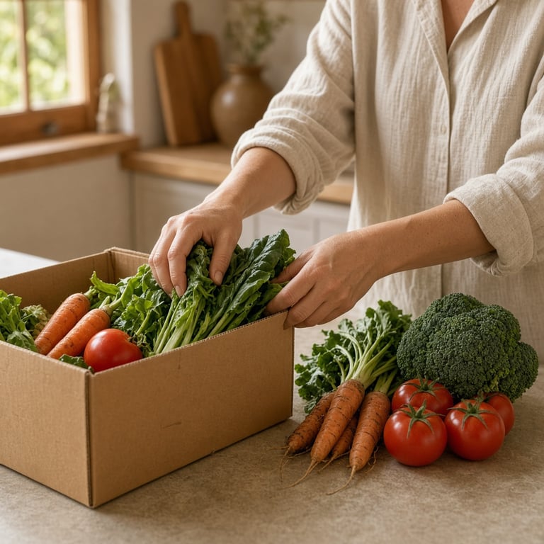 Fresh vegetables arranged in a reusable produce box on a bright kitchen bench