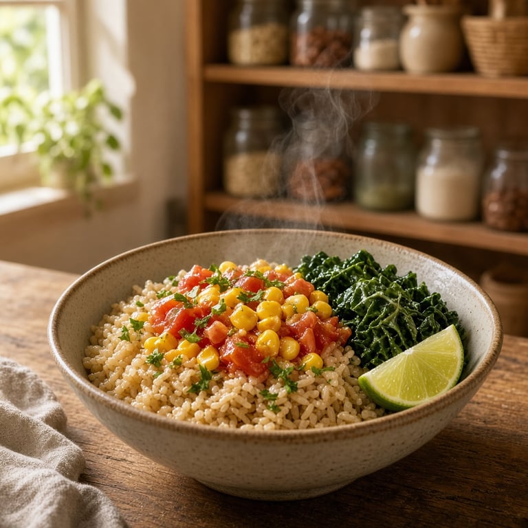 A quick weeknight meal with canned corn, tomatoes, leafy greens, and brown rice on a warm kitchen table