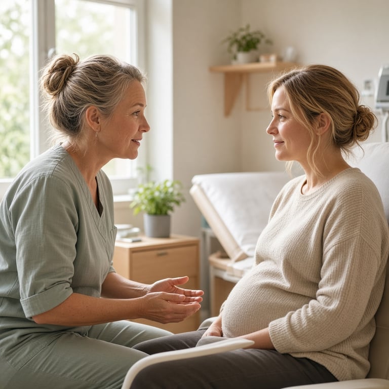 Gravid kvinne i rolig samtale med jordmor på et lyst undersøkelsesrom