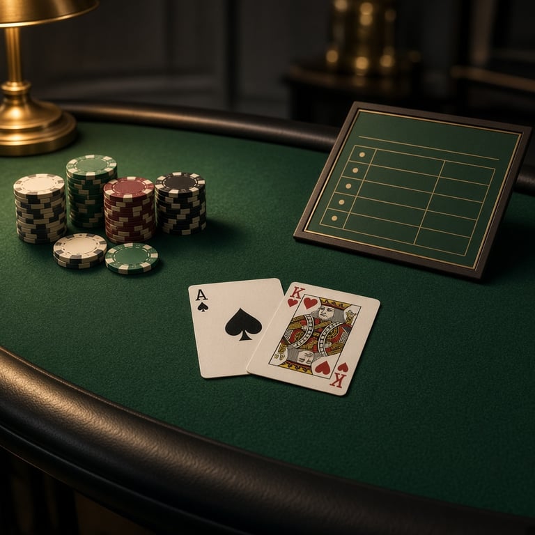 A polished casino game table with cards, chips and emerald green felt under warm gold lighting