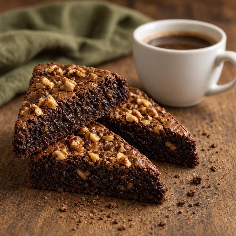 Browniepunten met een zachte kern en geroosterde noten naast een kop koffie