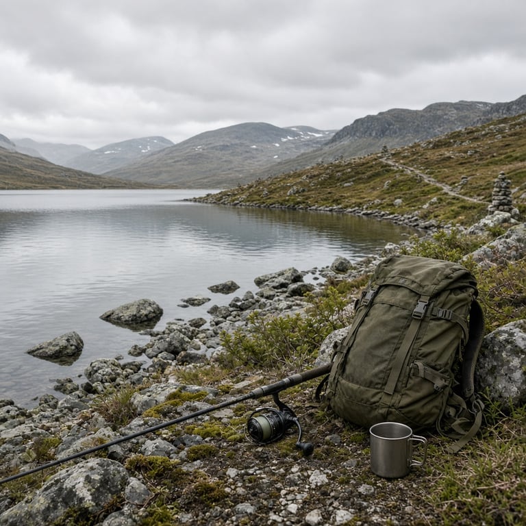 Fiskestang ved et stille fjellvann med fjellterreng i bakgrunnen