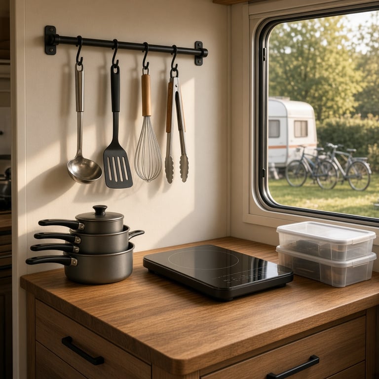 Een georganiseerde camperkeuken met HULTARP-rail, compacte pannen, gelabelde bakken en een draagbare kookplaat
