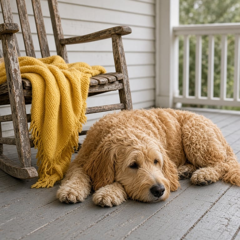A doodle resting beside a porch chair
