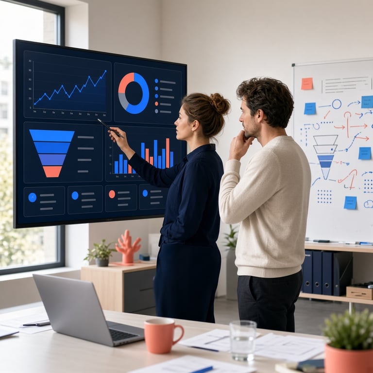 Marketingteam dat conversiedata en klantreis analyseert op een dashboard tijdens een werksessie