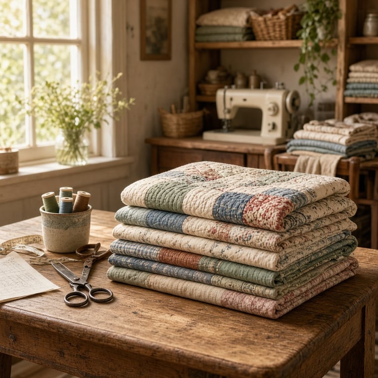 Folded patchwork quilt beside thread, scissors, and fabric squares