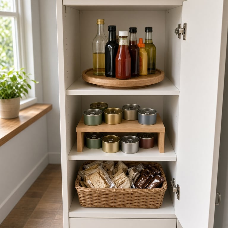 Een smalle keukenkast met draaiplateau, plankverhoger en lage manden voor snacks