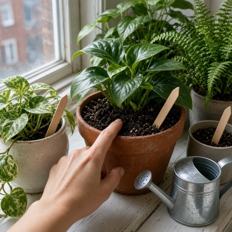 Kamerplanten bij een raam in een helder Nederlands interieur met een gieter en plantenschaar