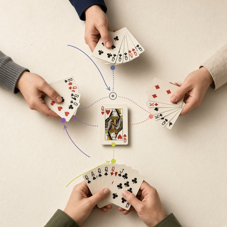 Een moderne speeltafel met vier handen kaarten en tactische markeringen voor toepen