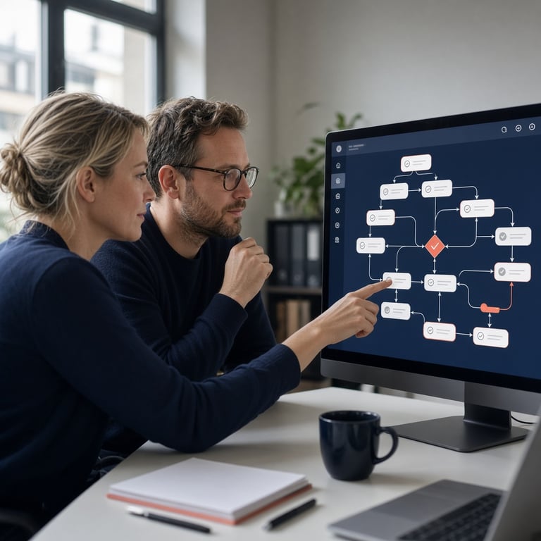 Marketingmanager en webdesigner controleren samen een geautomatiseerde campagneworkflow op een groot scherm