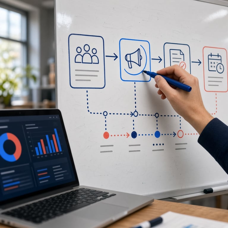 Marketingteam dat een klantreis uitwerkt op een scherm met marketingsoftware en conversiestappen