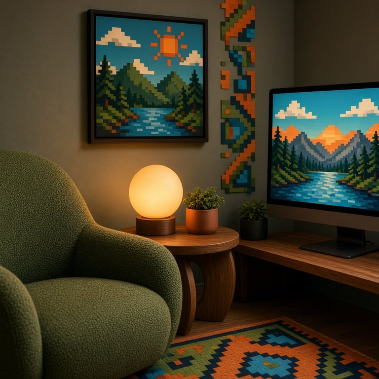 Gamehoek met pixelkunst, warme verlichting en kleurrijke retrodetails