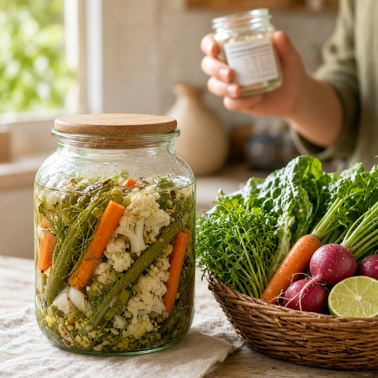 A jar of colourful pickled vegetables beside fresh produce on a kitchen bench