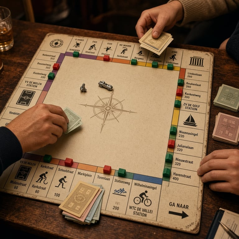 Een Monopoly speelbord met herkenbare lokale straatnamen en sportverenigingen aan tafel