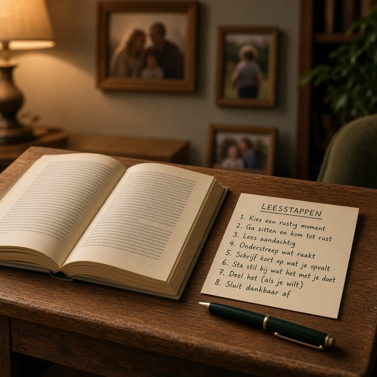 Open boek met een handgeschreven leesvolgorde en sfeervolle romanboeken op een houten tafel