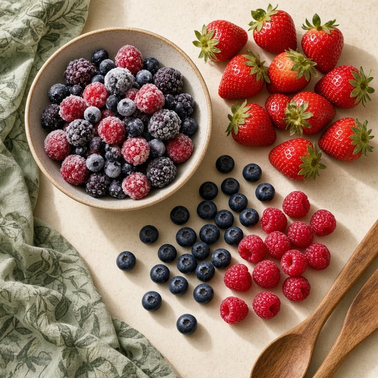 A bowl of frozen berries beside fresh seasonal fruit on a warm kitchen bench