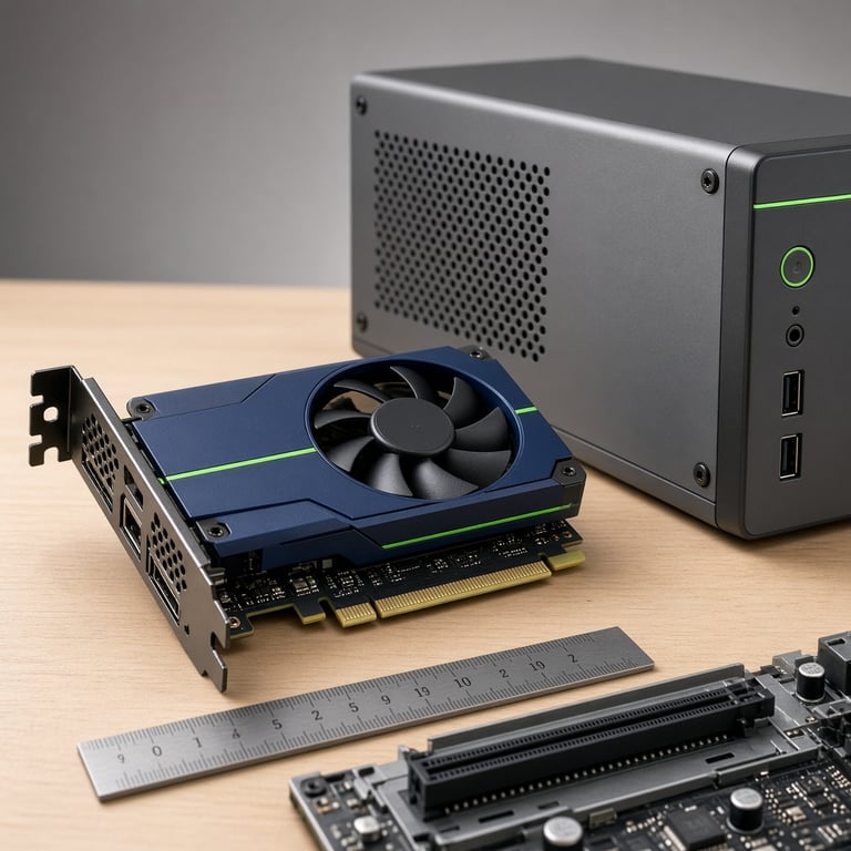 Low profile graphics card beside a slim desktop case and half-height bracket