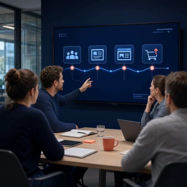 Marketingteam bespreekt een klantreis op een groot digitaal scherm