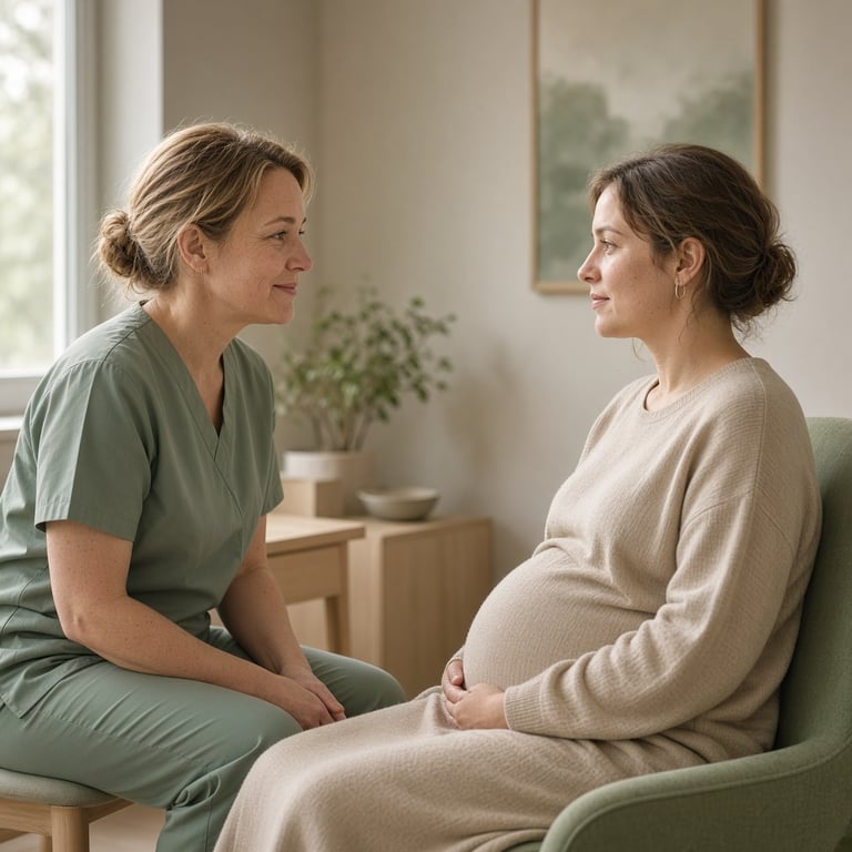 Jordmor som snakker med en gravid person under en rolig konsultasjon
