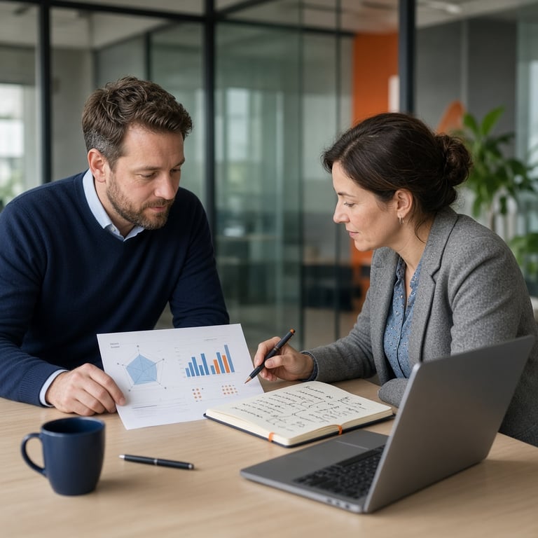 Professional in een Nederlandse werkomgeving die persoonlijke testresultaten en een leerplan bespreekt