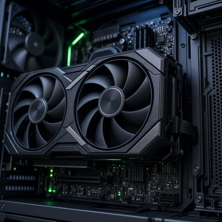 AMD Radeon graphics card installed in a modern gaming PC with a dark navy and neon green lighting scheme