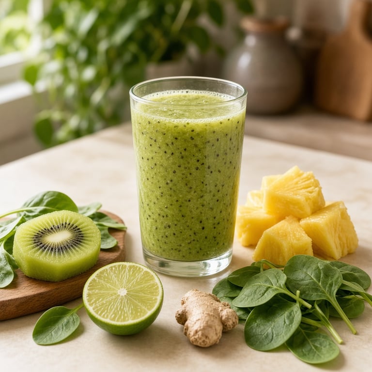 A green kiwi pineapple smoothie with spinach, lime, ginger, and fresh fruit on a warm kitchen bench