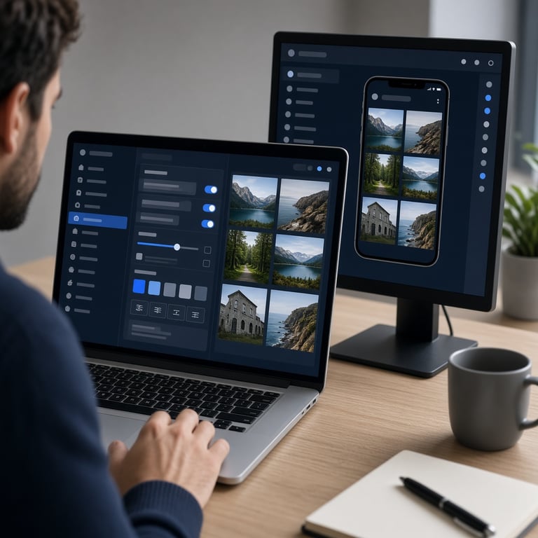 Joomla administrator reviewing gallery component settings beside a responsive photo grid preview