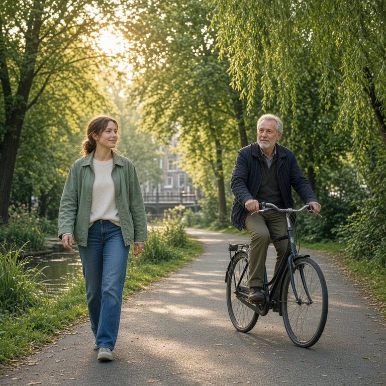 Diverse volwassenen wandelen en fietsen op een groen Nederlands fietspad in de ochtend